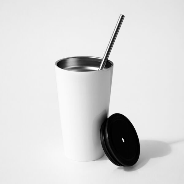 16oz Stainless Steel Tumbler with Straw (White) Thumbnail